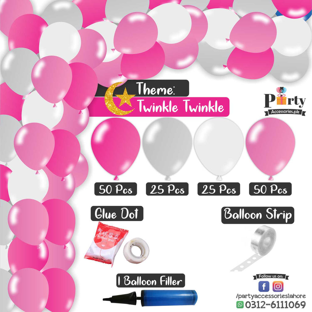 Garland kit 150 balloons in Twinkle twinkle theme colors for girls pink and silver for birthday party