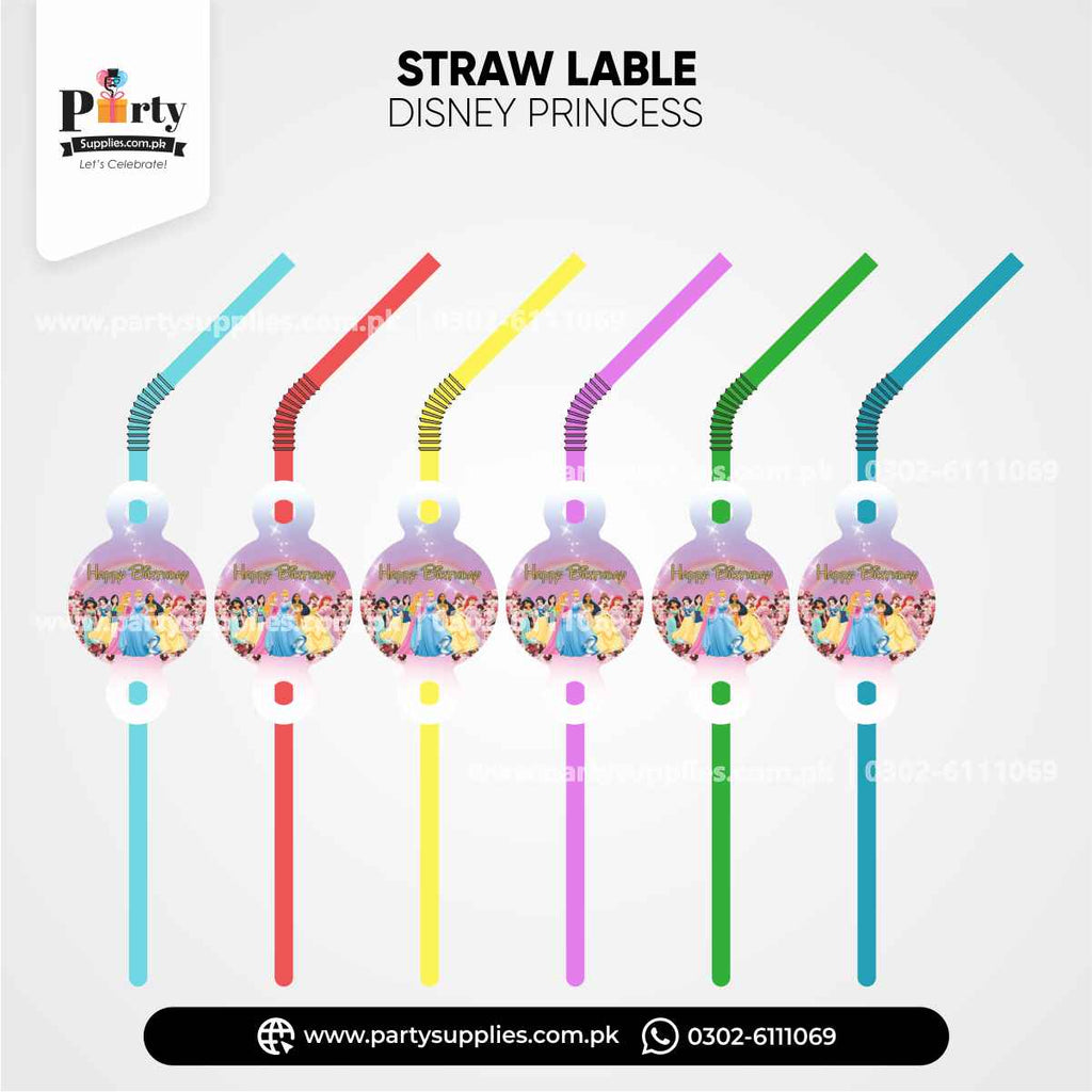 Disney Princess Theme Straws With Labels for Birthday Drink Decoration
