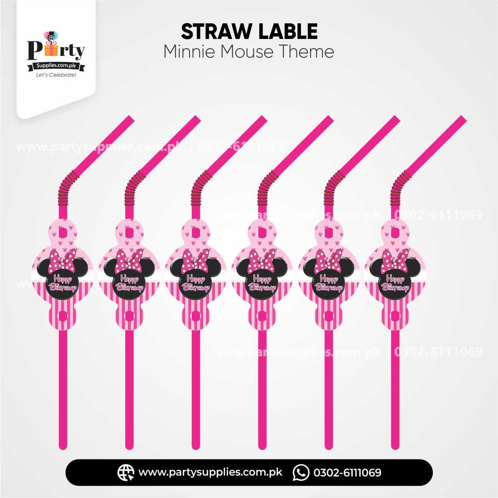 Minnie Mouse Theme Straws With Labels for Birthday Drink Decoration