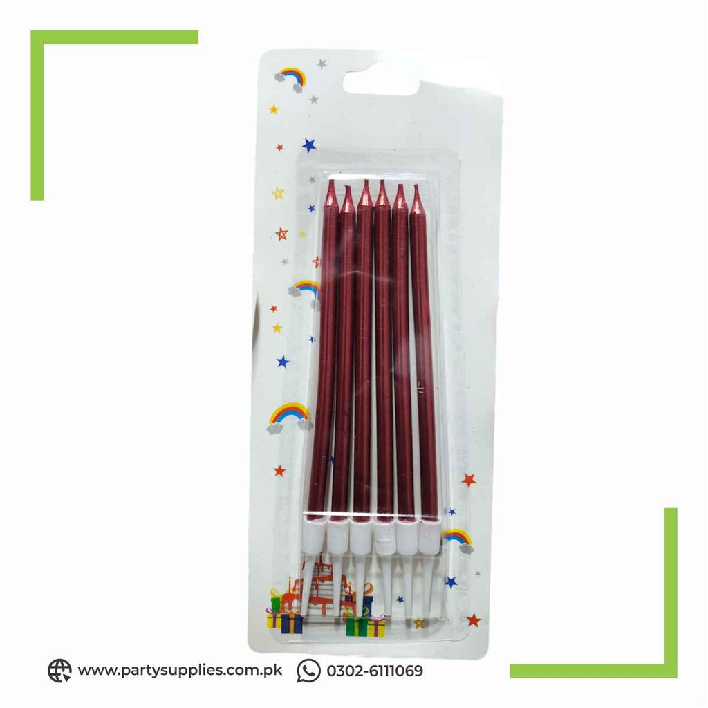 Slim long candles for cakes 6pcs pack chrome finished 6 colors