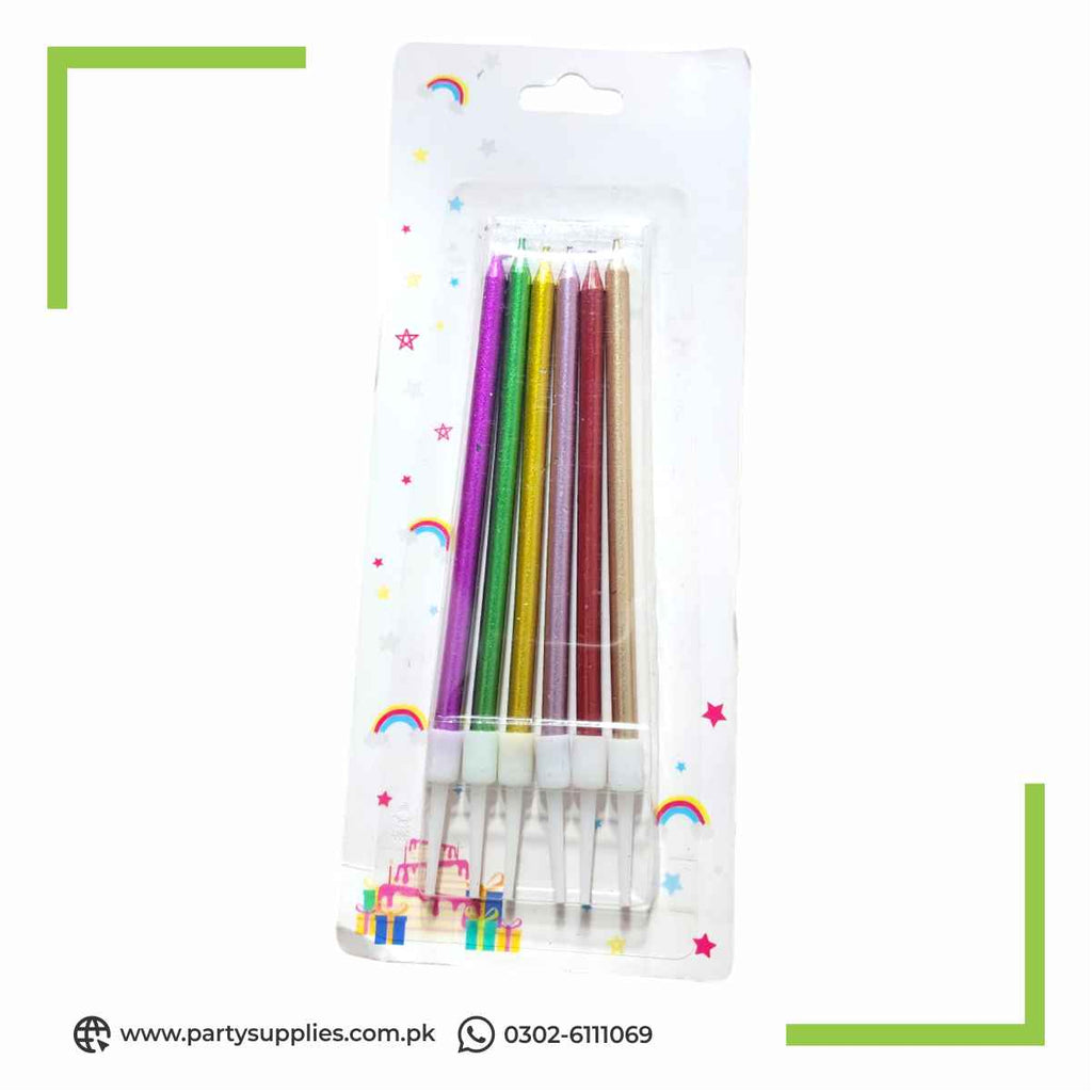 Slim long candles for cakes 6pcs pack chrome finished 6 colors