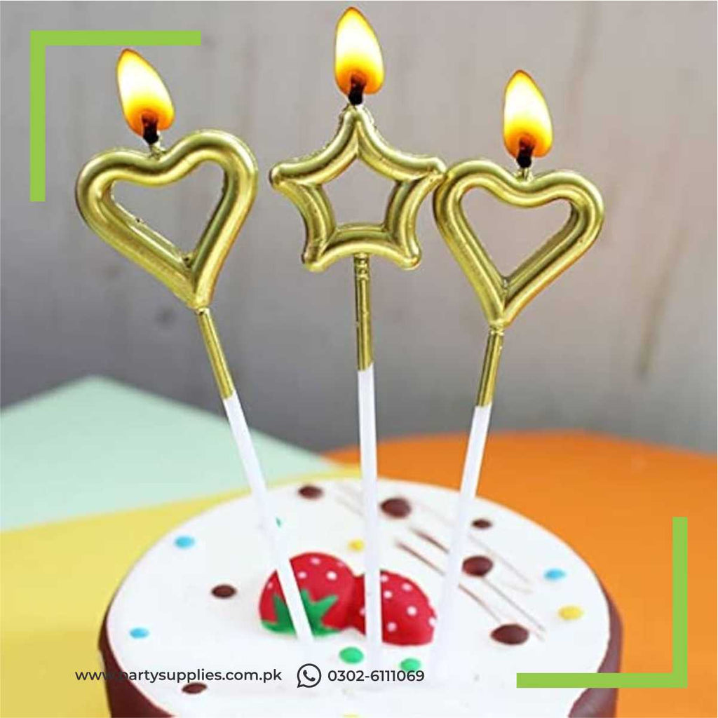 Star and heart shape candles for cake chrome finished 3 pcs pack