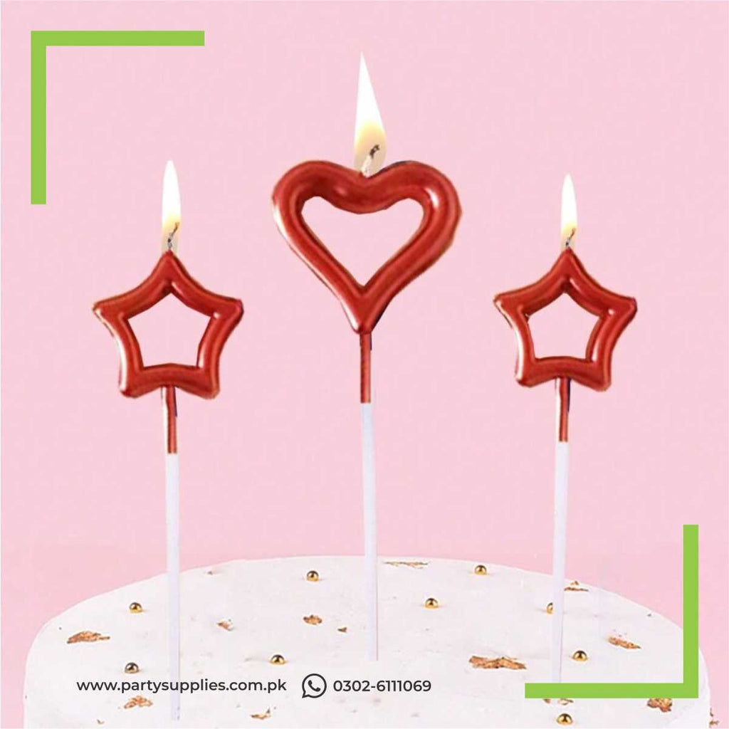 Star and heart shape candles for cake chrome finished 3 pcs pack
