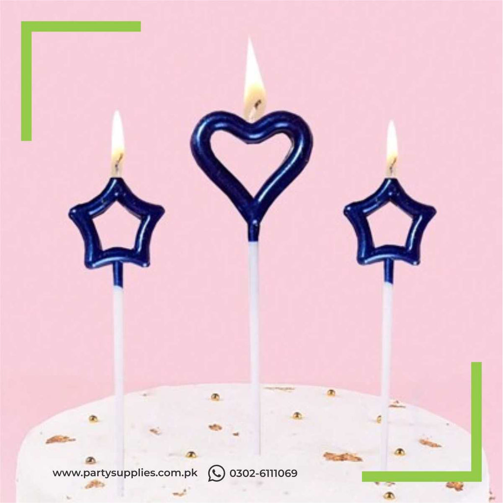 Star and heart shape candles for cake chrome finished 3 pcs pack