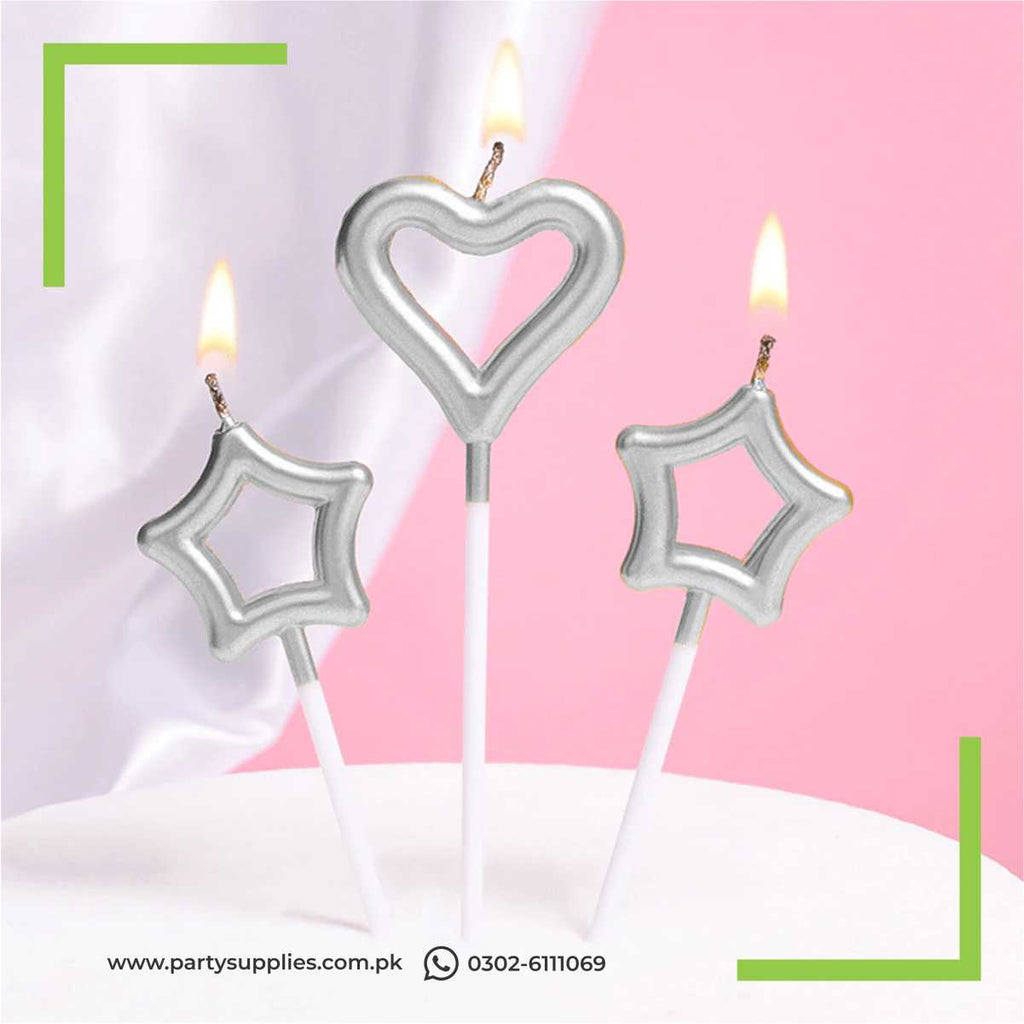 Star and heart shape candles for cake chrome finished 3 pcs pack
