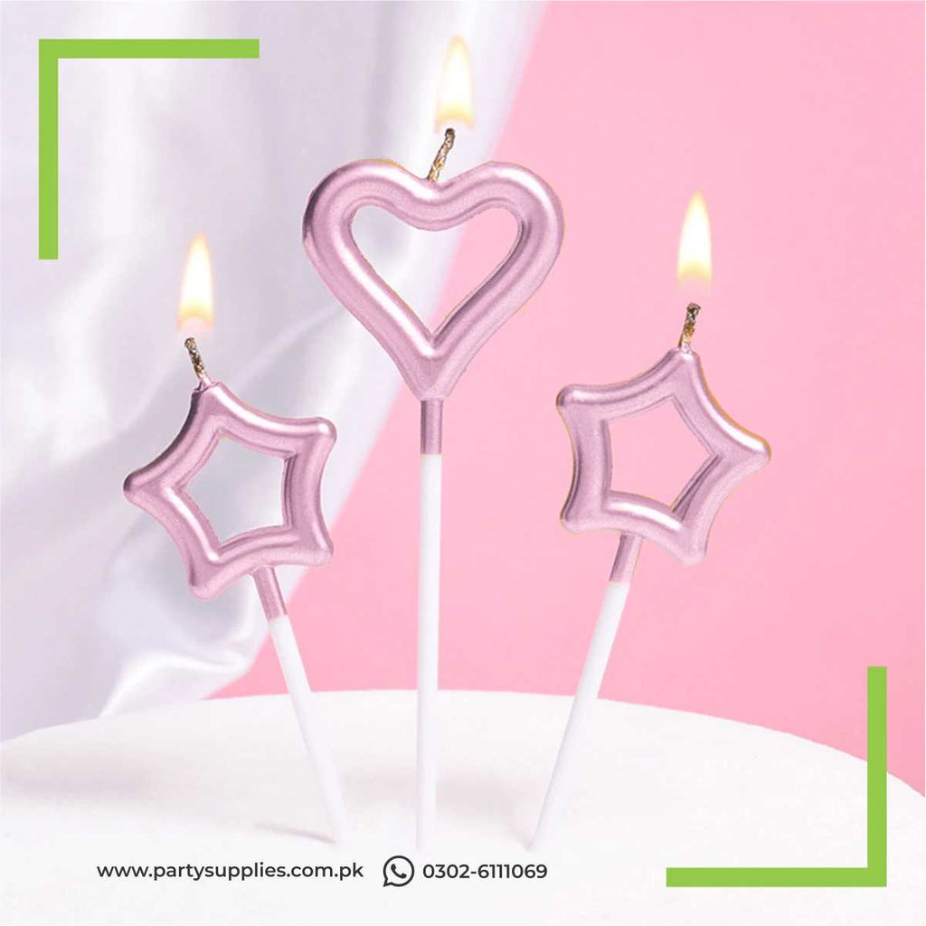 Star and heart shape candles for cake chrome finished 3 pcs pack