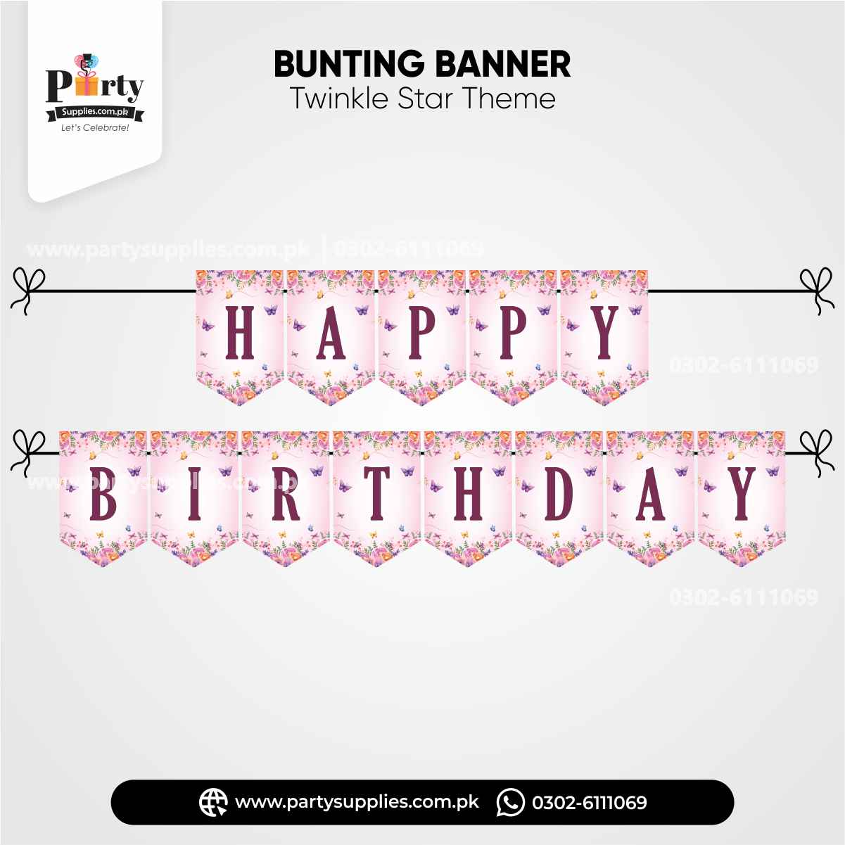 Happy birthday bunting banner for wall decoration in butterfly theme