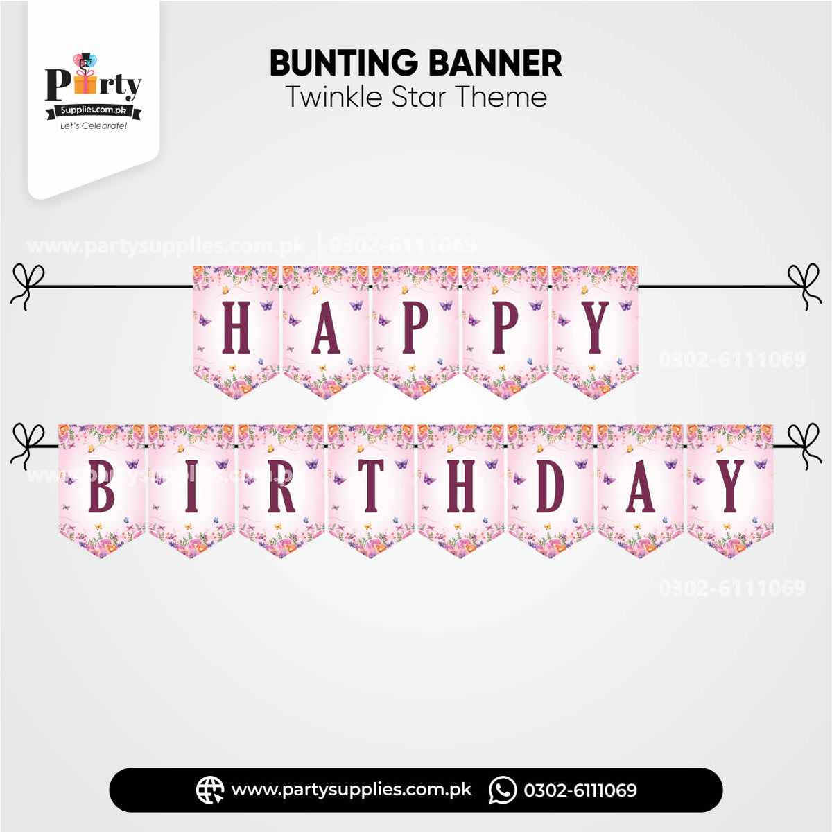 Happy birthday bunting banner for wall decoration in butterfly theme