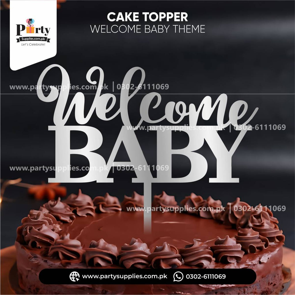 Welcome Baby Wooden Cake Topper in Silver Color