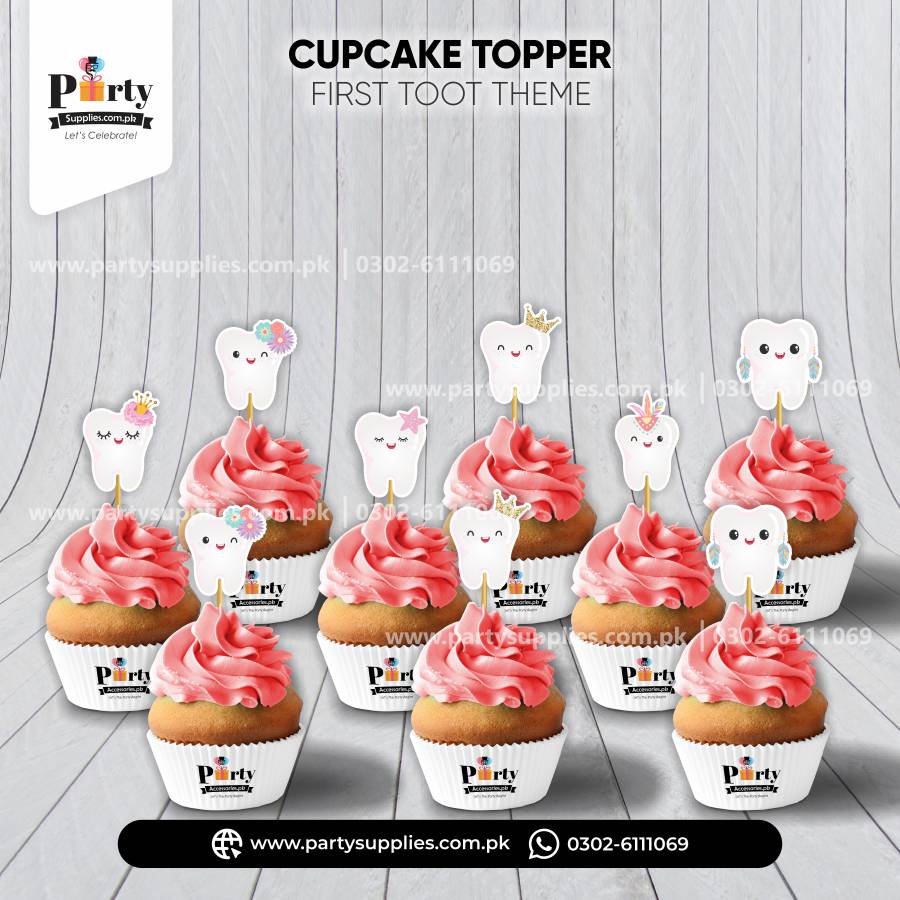 First tooth girl cupcake toppers set