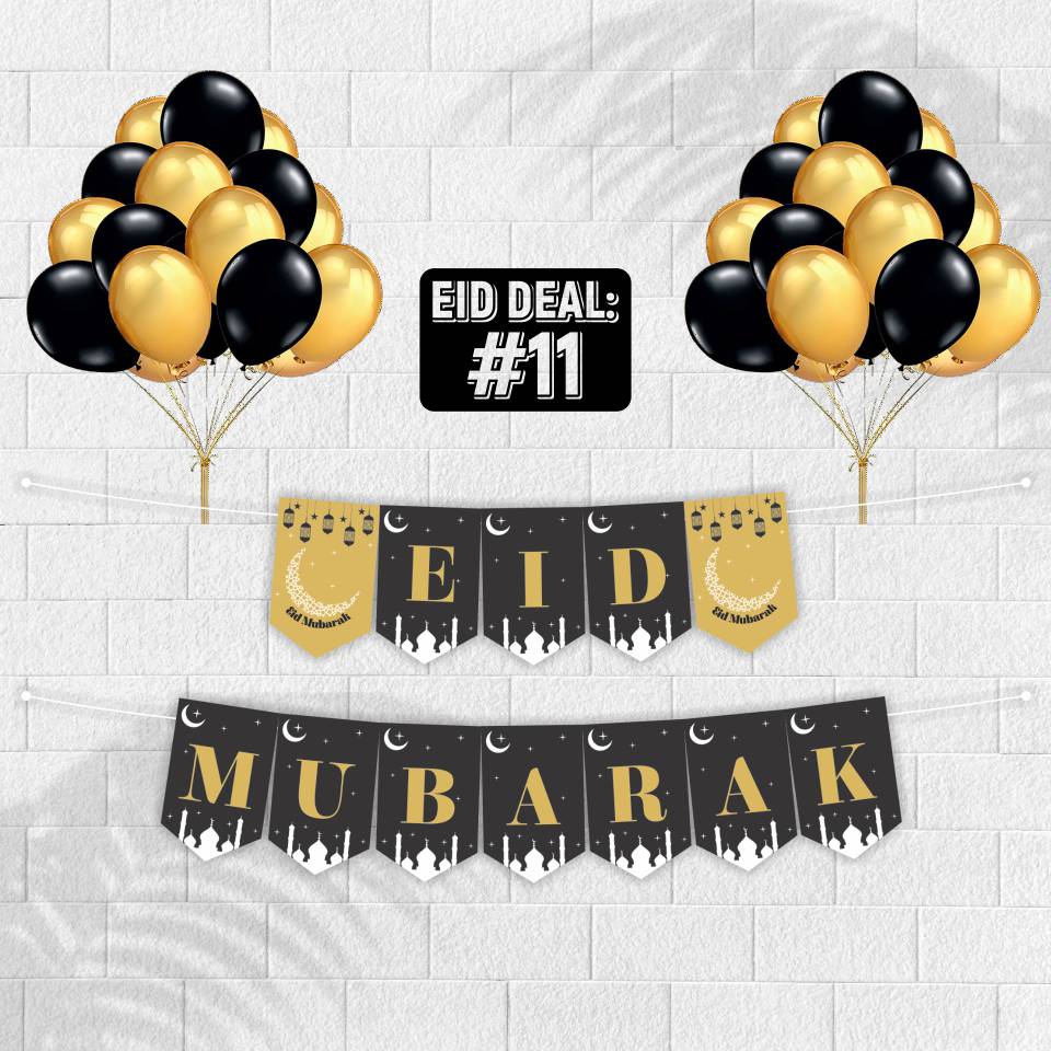 Eid Mubarak Wall Decoration Bunting Banner with Balloons in Black and Golden Color
