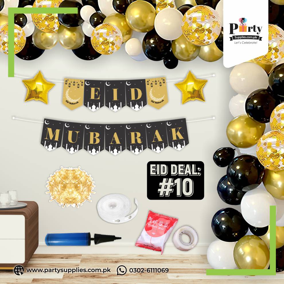 Black and Golden Colors Balloon Arch for Eid Mubarak Decoration
