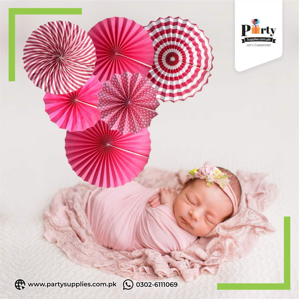 Paper Fan Wall decoration set in Blue and pink backdrop hand crafted