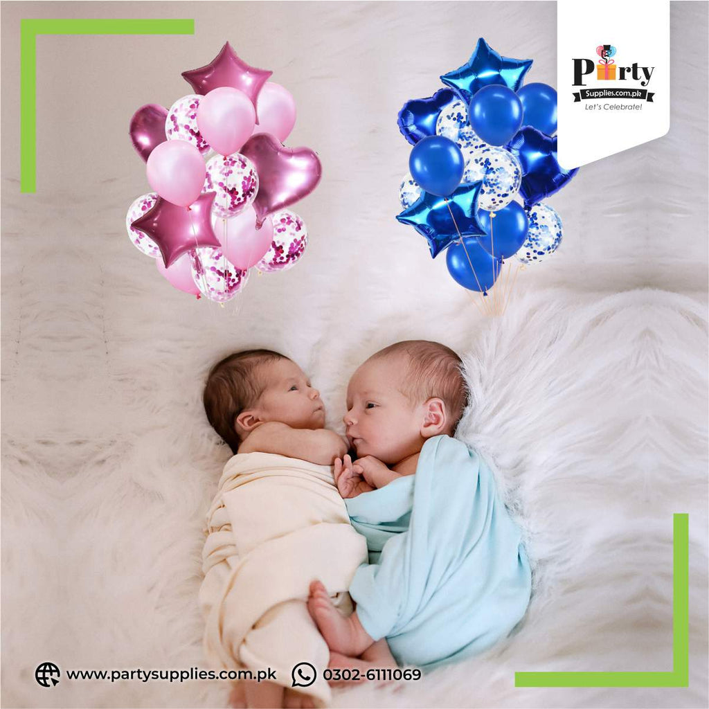 14pcs multi confetti balloons set,  Pink or blue star balloons latex balloons heart foil balloons