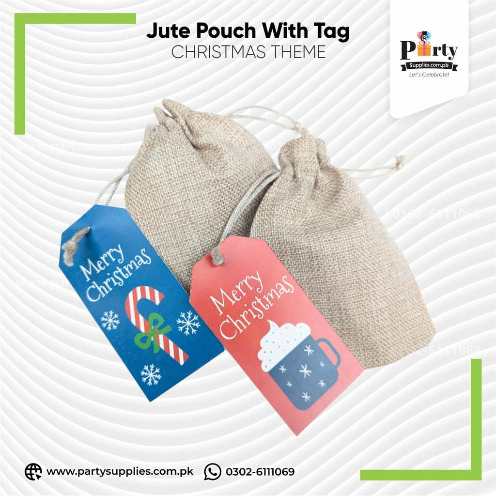 Christmas Jute Gift Pouch with Holiday Tag – Reusable Drawstring Bags