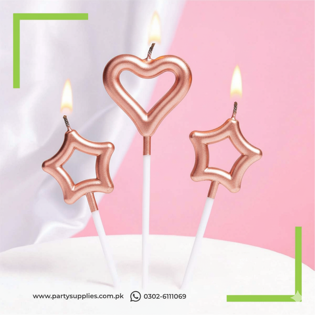 Star and heart shape candles for cake chrome finished 3 pcs pack