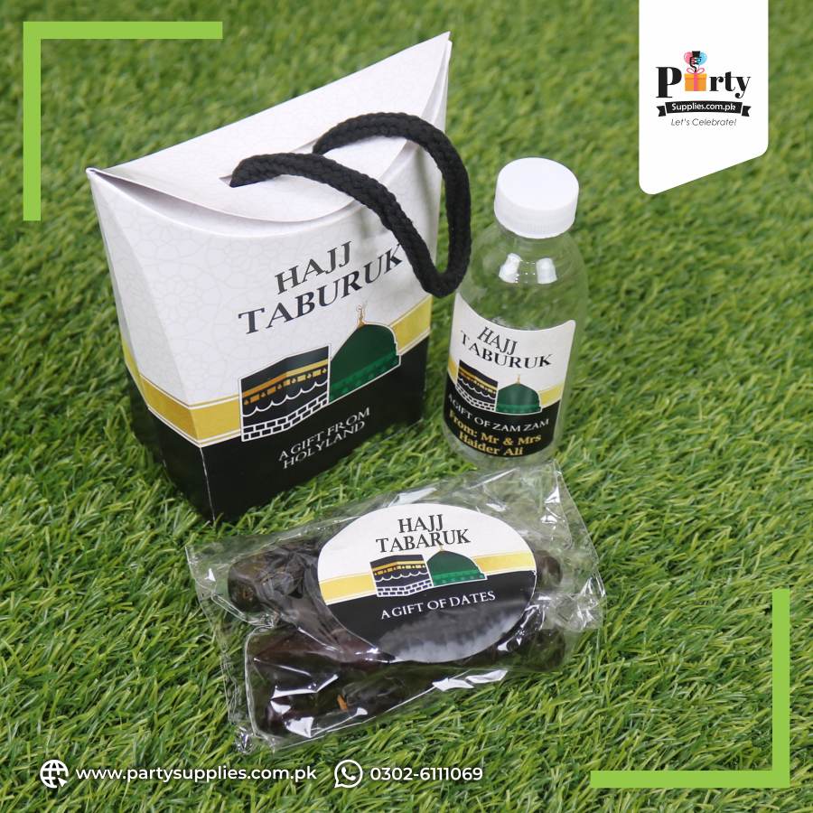 Hajj Tabaruk Distribution Boxes: Includes Bottle and Date Pouch