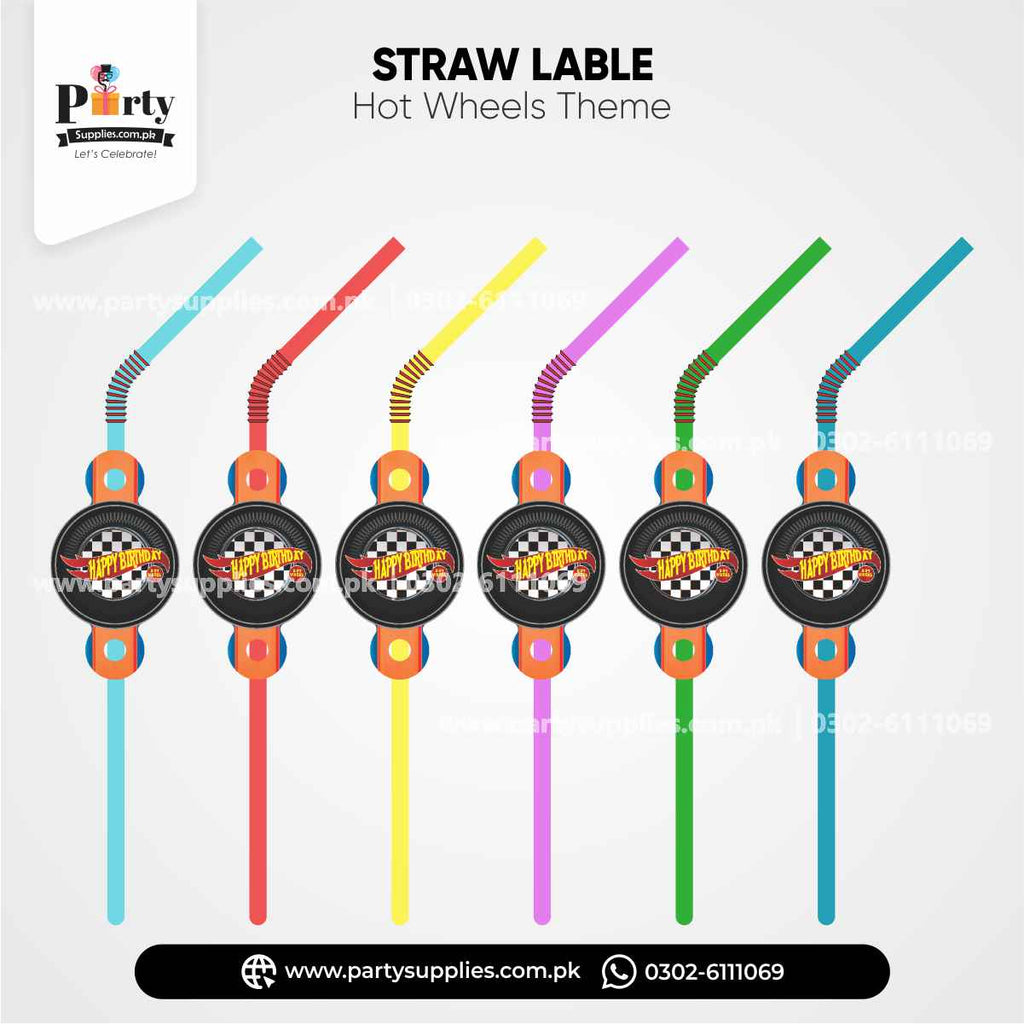 Hot Wheels Theme Straws With Labels for Birthday Party Drink Decoration