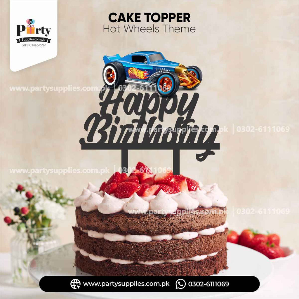 Hot Wheels Theme Happy Birthday Wooden Cake Topper for Cake Decoration