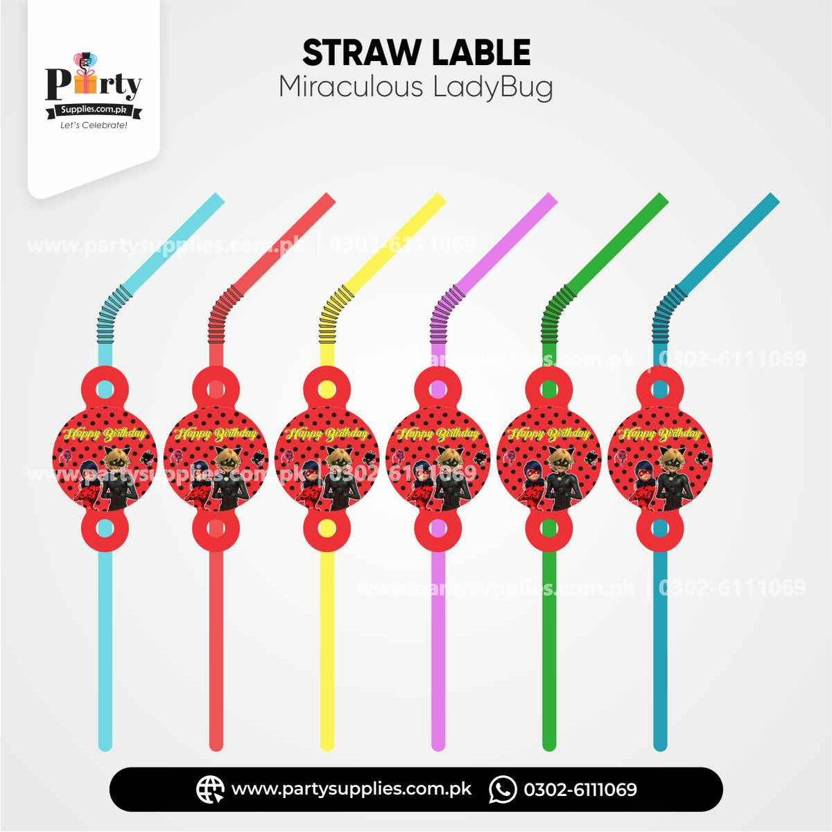 Miraculous Lady Bug Theme Straws With Labels for Birthday Party Drink Decoration