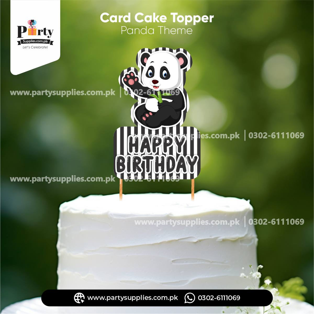 Panda Boy Theme Happy Birthday Card Cake Topper