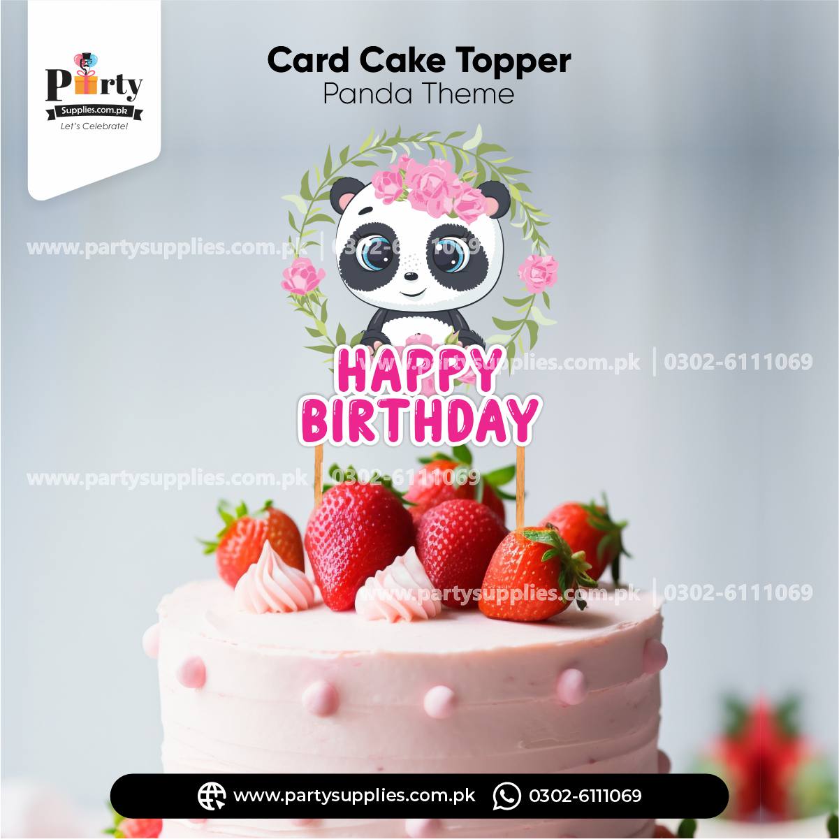 Panda Girl Theme Happy Birthday Card Cake Topper