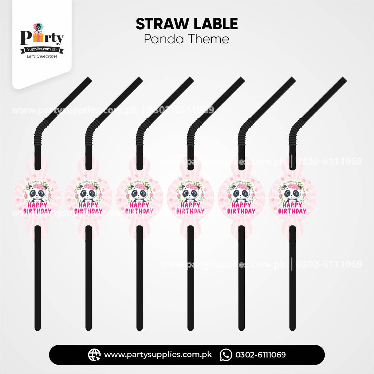 Panda Girl Theme Straws With Labels for Birthday Drink Decoration