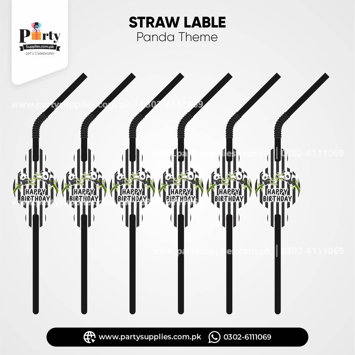 Panda Boy Theme Straws With Labels for Birthday Drink Decoration 