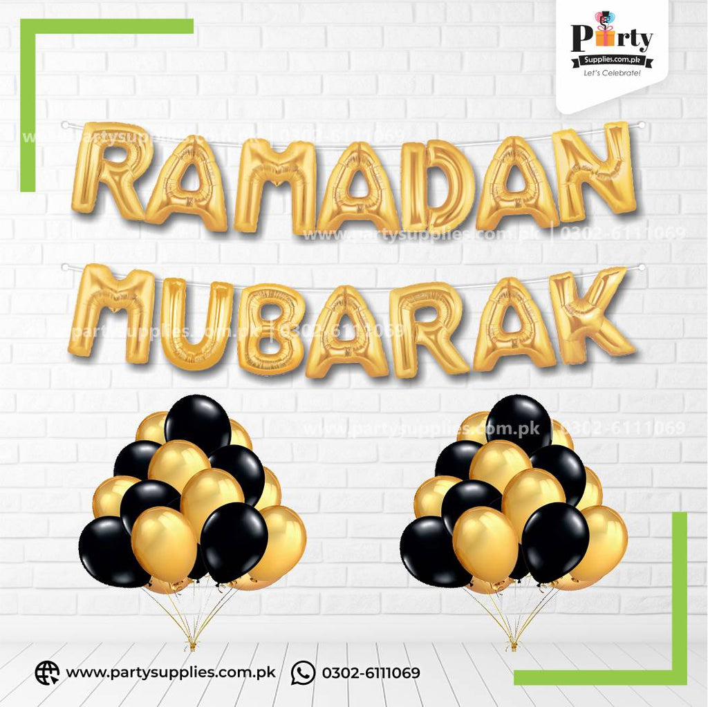 Ramadan Mubarak Balloons Set – Golden Foil Letters with Latex Balloons