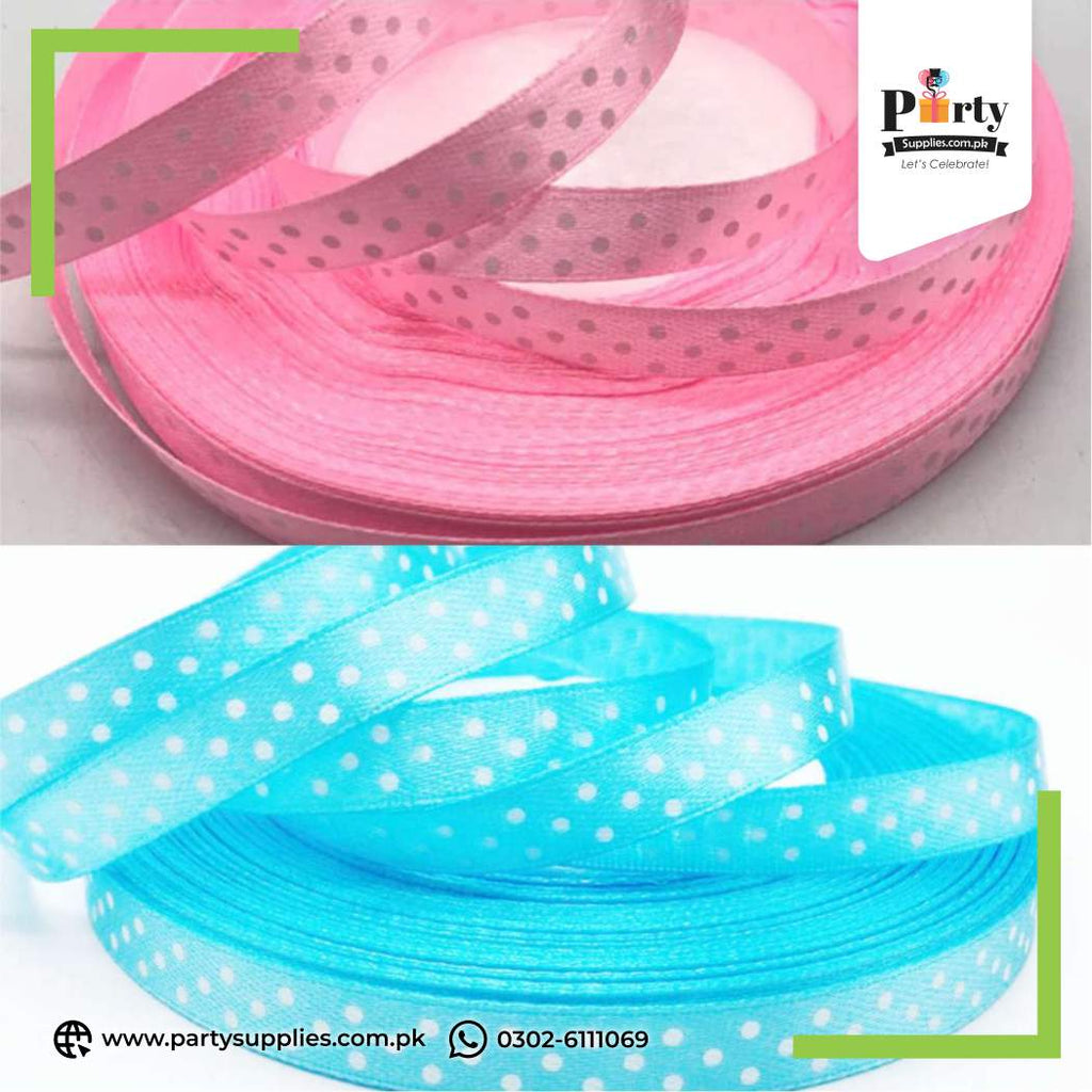 polka dot printed ribbon in pink and blue 
