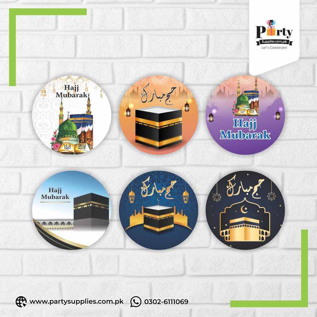 Hajj Mubarak Round Stickers in Mix Designs (Pack of 12)