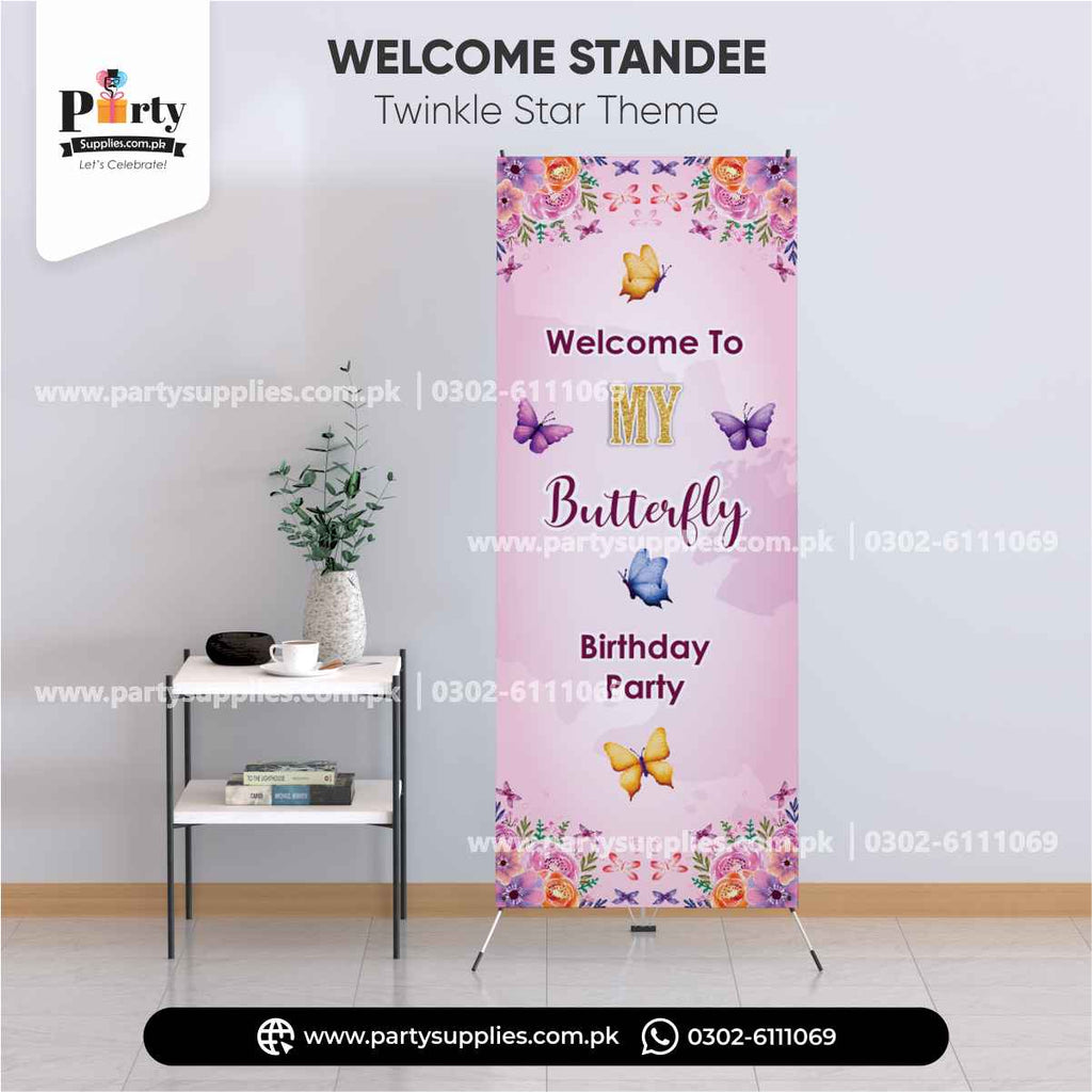 Butterfly theme welcome standee for birthday party entrance decor