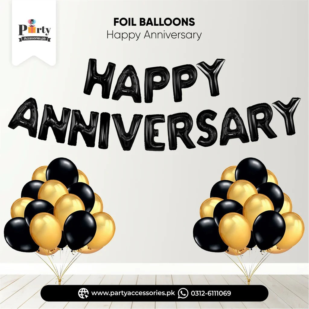 happy anniversary black foil balloons deal set 