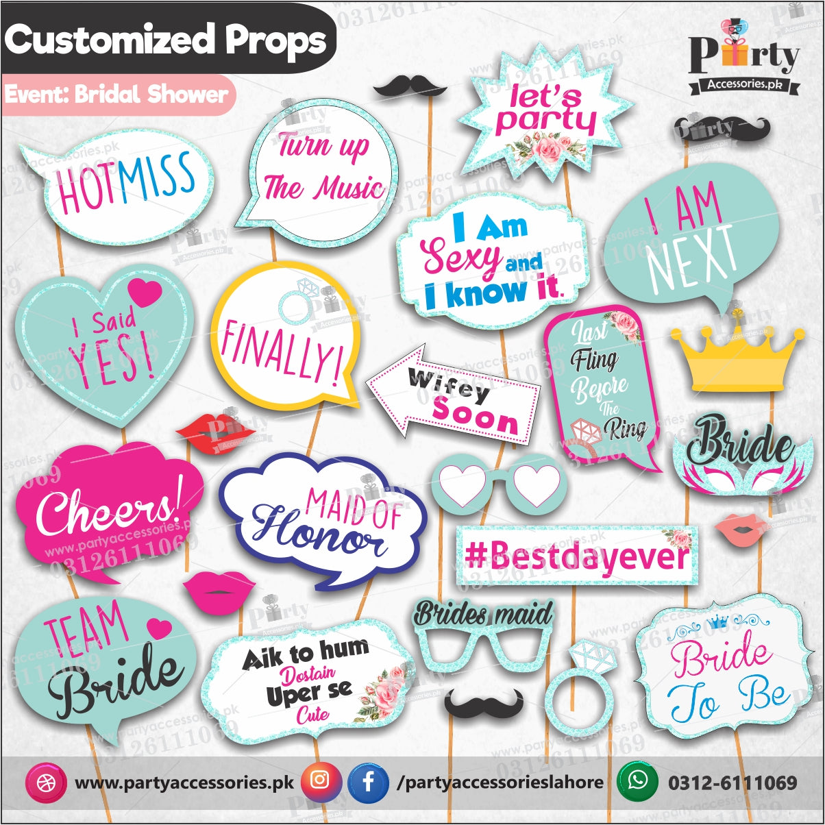 bridal shower theme party decorations customized props in aqua color 