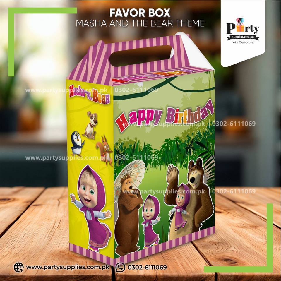 Masha & the Bear Theme Handle Favor Boxes – Birthday Party Treat Boxes