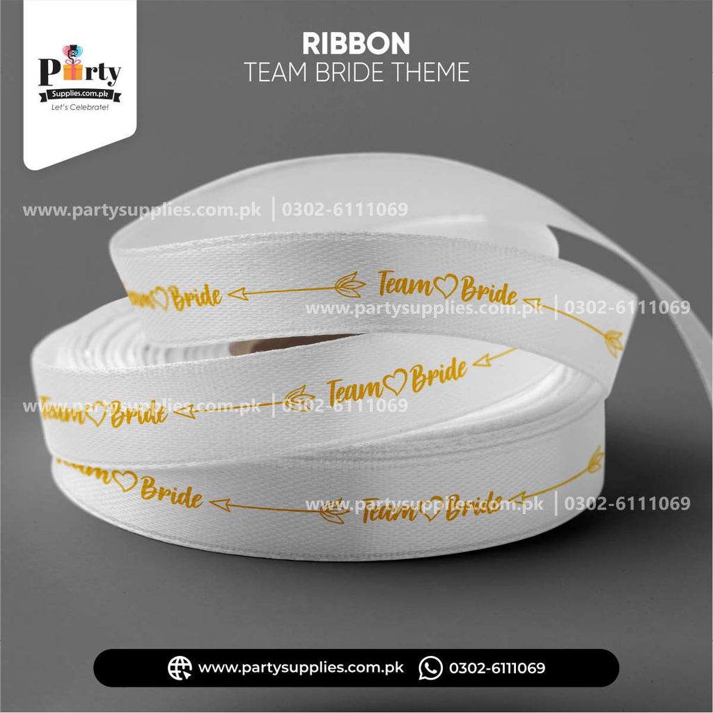 Team Bride Printed Ribbon – Premium White Ribbon with Elegant Gold Text (30 Feet)