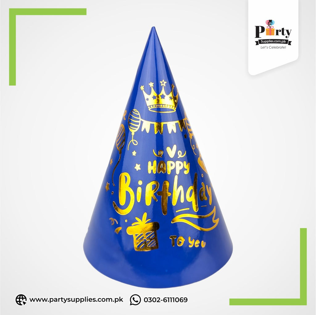 Happy Birthday Printed Party Cone Caps – Festive Birthday Hats - Pack of 6