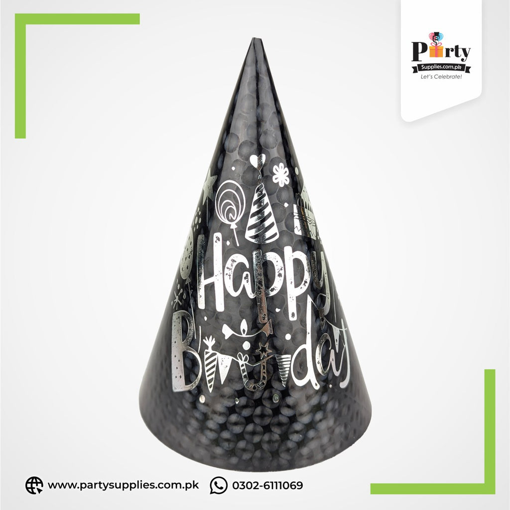 Happy Birthday Printed Party Cone Caps – Festive Birthday Hats - Pack of 6