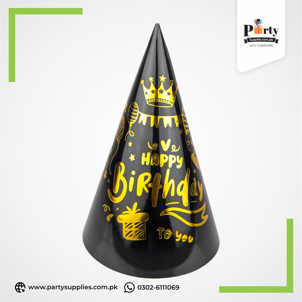 Happy Birthday Printed Party Cone Caps – Festive Birthday Hats - Pack of 6