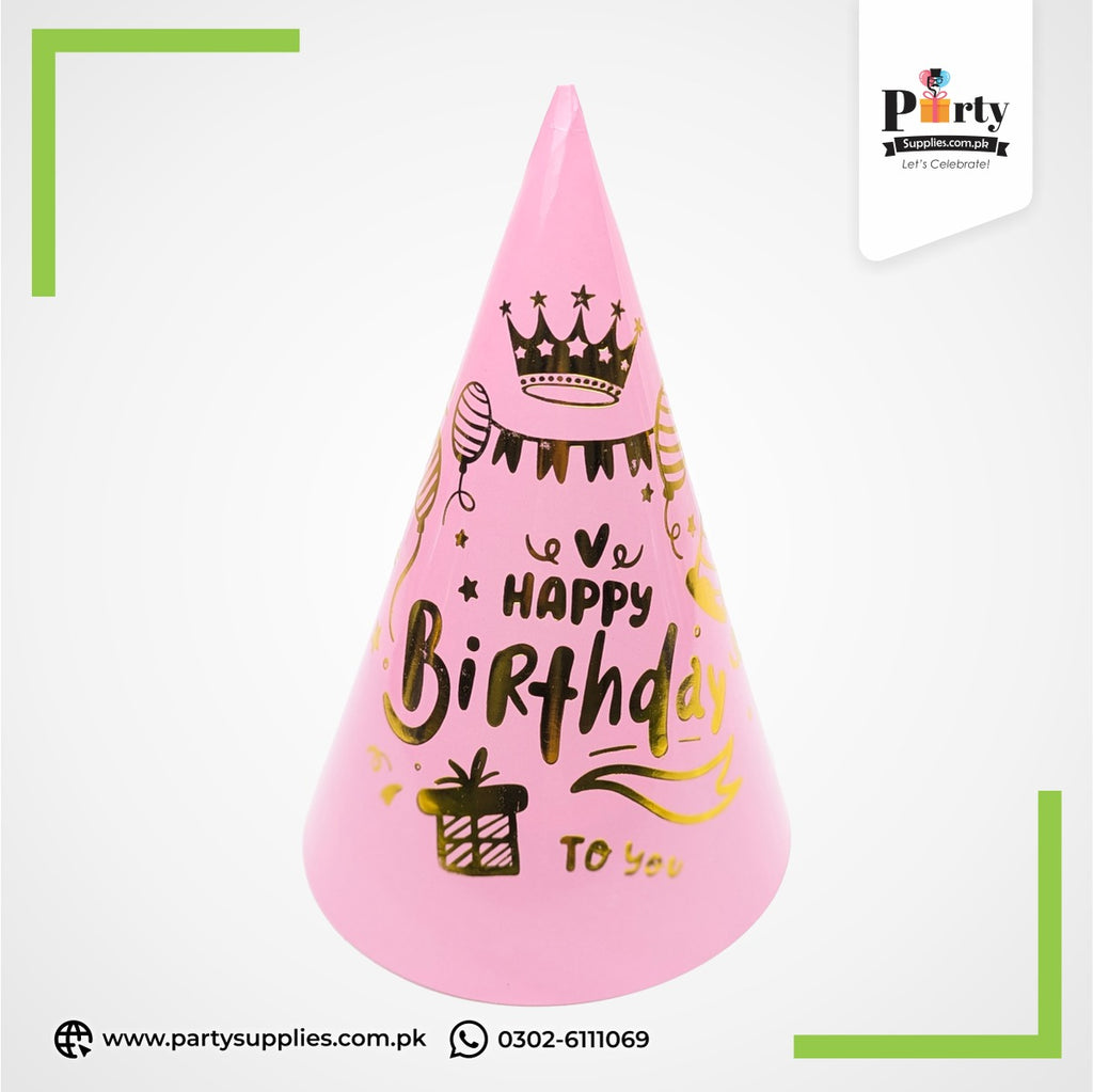 Happy Birthday Printed Party Cone Caps – Festive Birthday Hats - Pack of 6