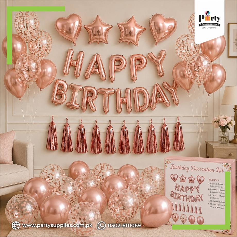 Rose Gold Happy Birthday Decoration Kit – Complete Birthday Balloon & Tassel Set