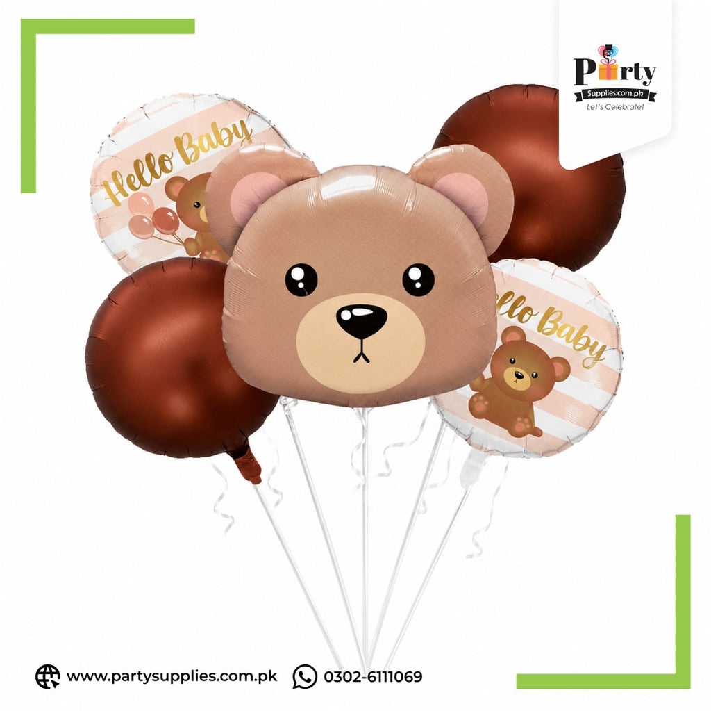 Hello baby bear theme foil balloons set