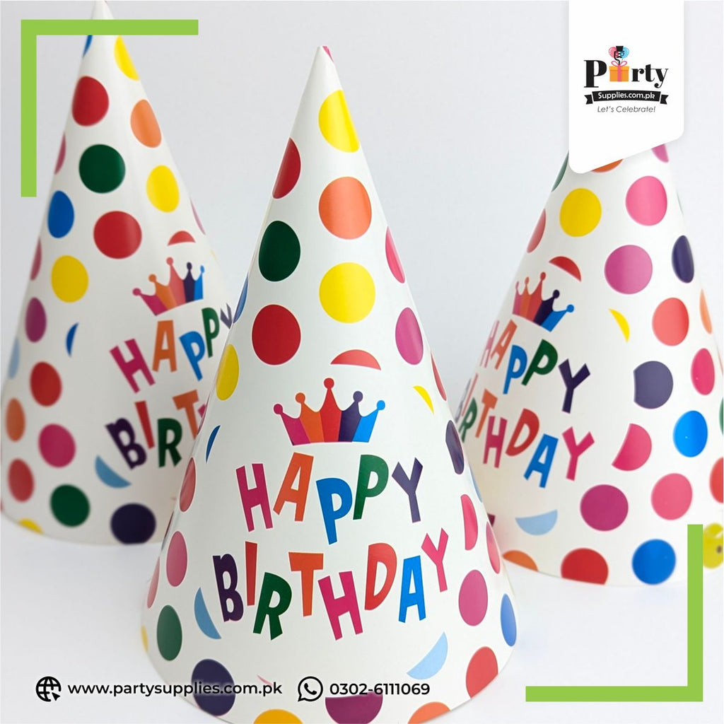 Happy Birthday Printed Party Cone Caps 