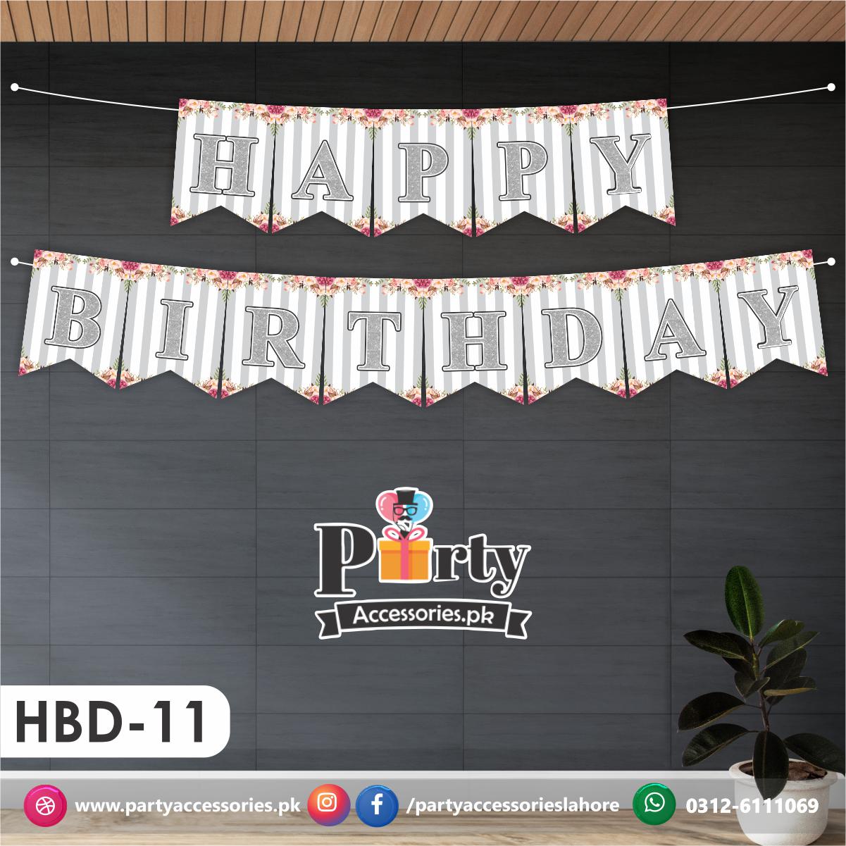 Happy Birthday Wall Bunting Banner | Grey Floral | HBD-11