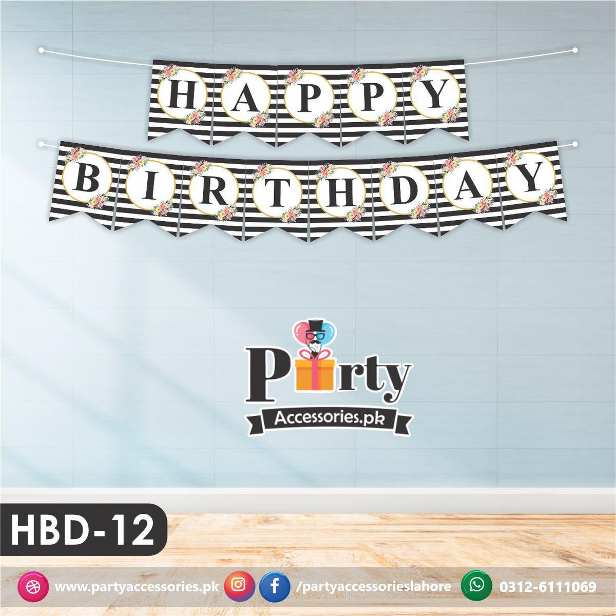 Happy Birthday Wall Bunting Banner | Stripes Floral