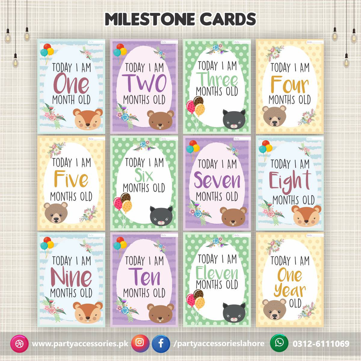 Baby milestone Photo cards | New Born Photoshoot Baby Photo cards Gift set of 12 month cards In Light Colors 