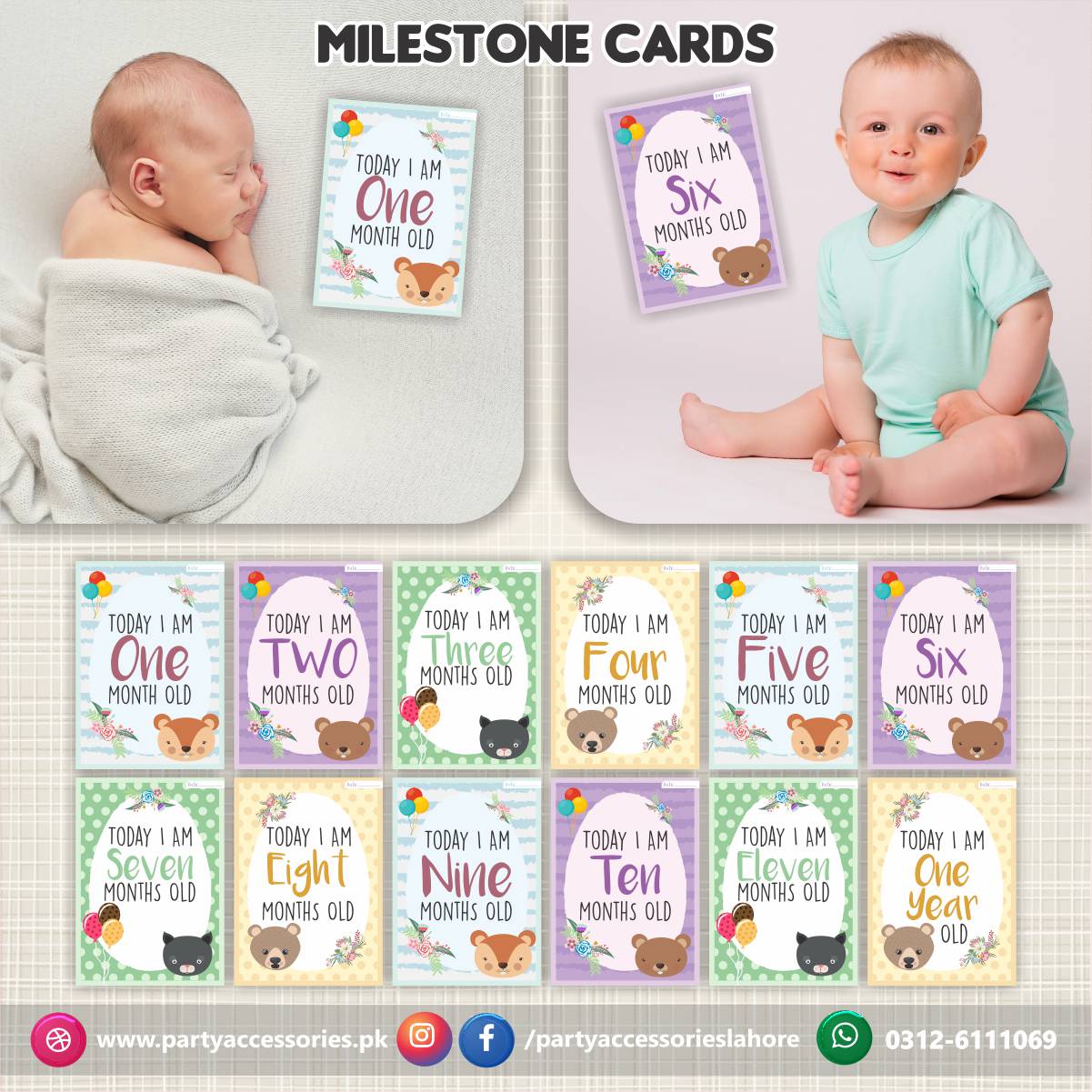 Baby milestone Photo cards | New Born Photoshoot Baby Photo cards Gift set of 12 month cards In Light Colors 