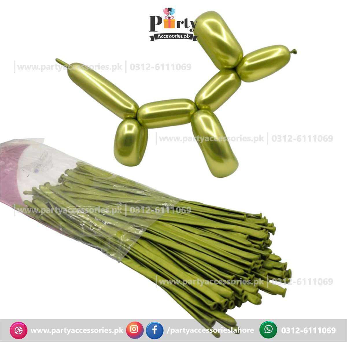 Long Strip tube shape magic twisting balloons in metallic chrome | Green Colors chrome balloons