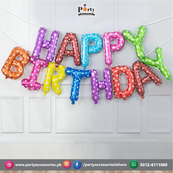 mix color polka dot foil balloons in happy birthday letters 