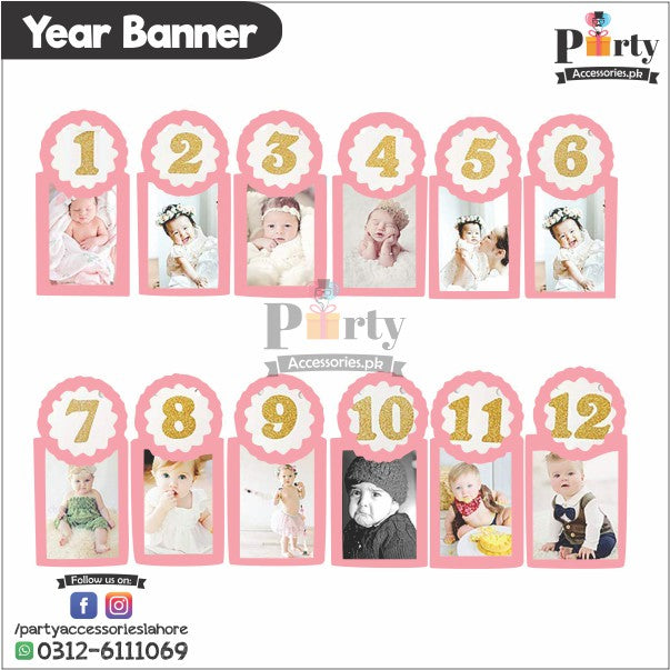 Photo Banner for 12 month baby milestone in pink with glitter numbers